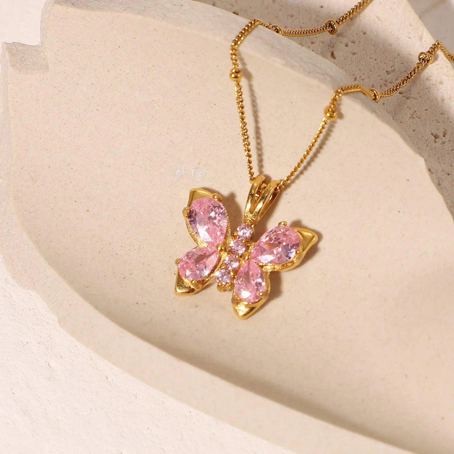 Pink Diamond Butterfly Necklace - CamillaBoutique