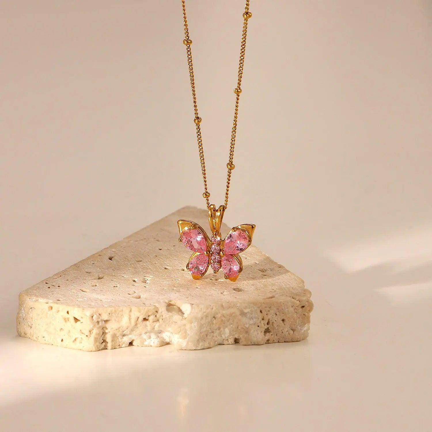 Pink Diamond Butterfly Necklace - CamillaBoutique