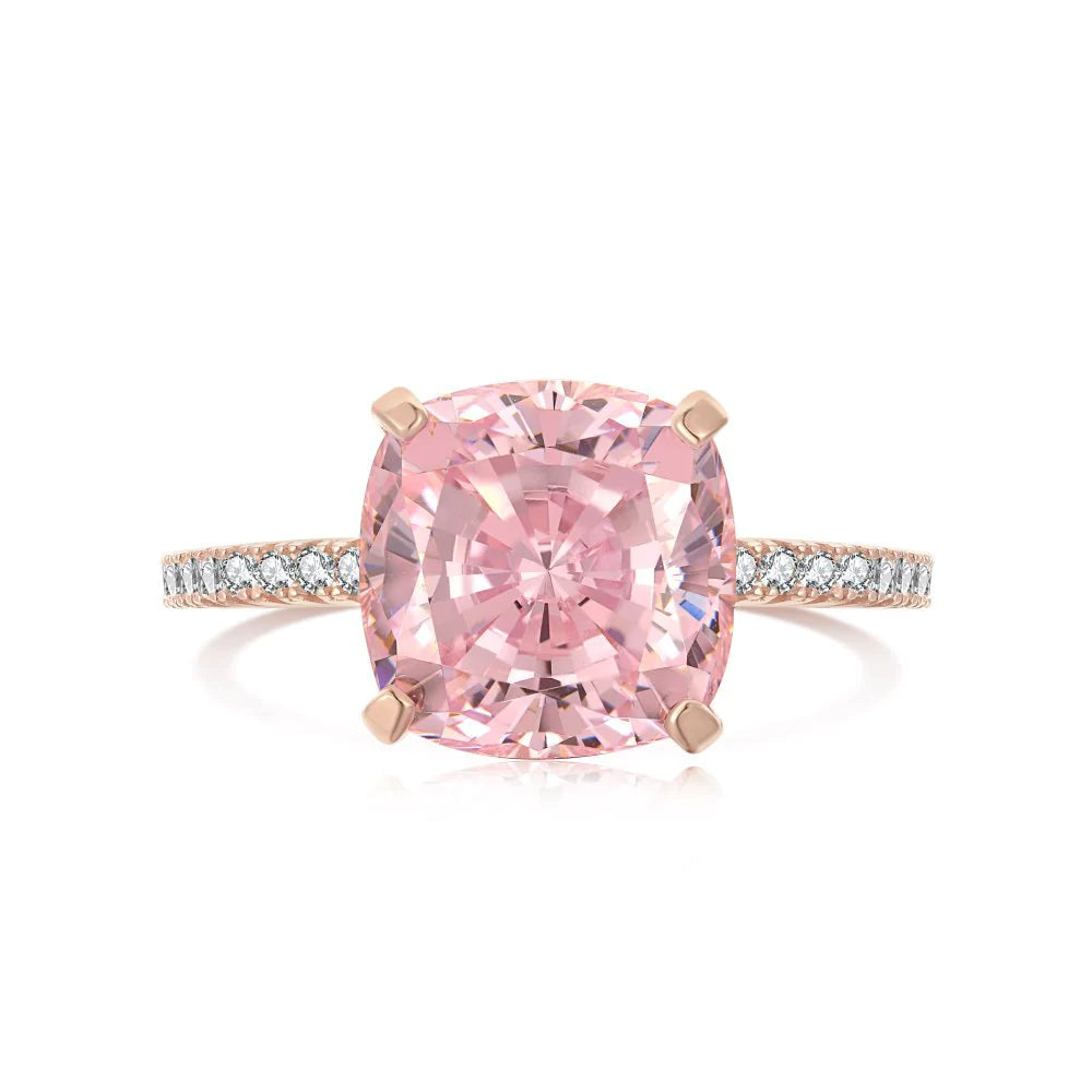 Rose Gold Peachy Pink Stone Cushion Cut Engagement Ring with Double Halo