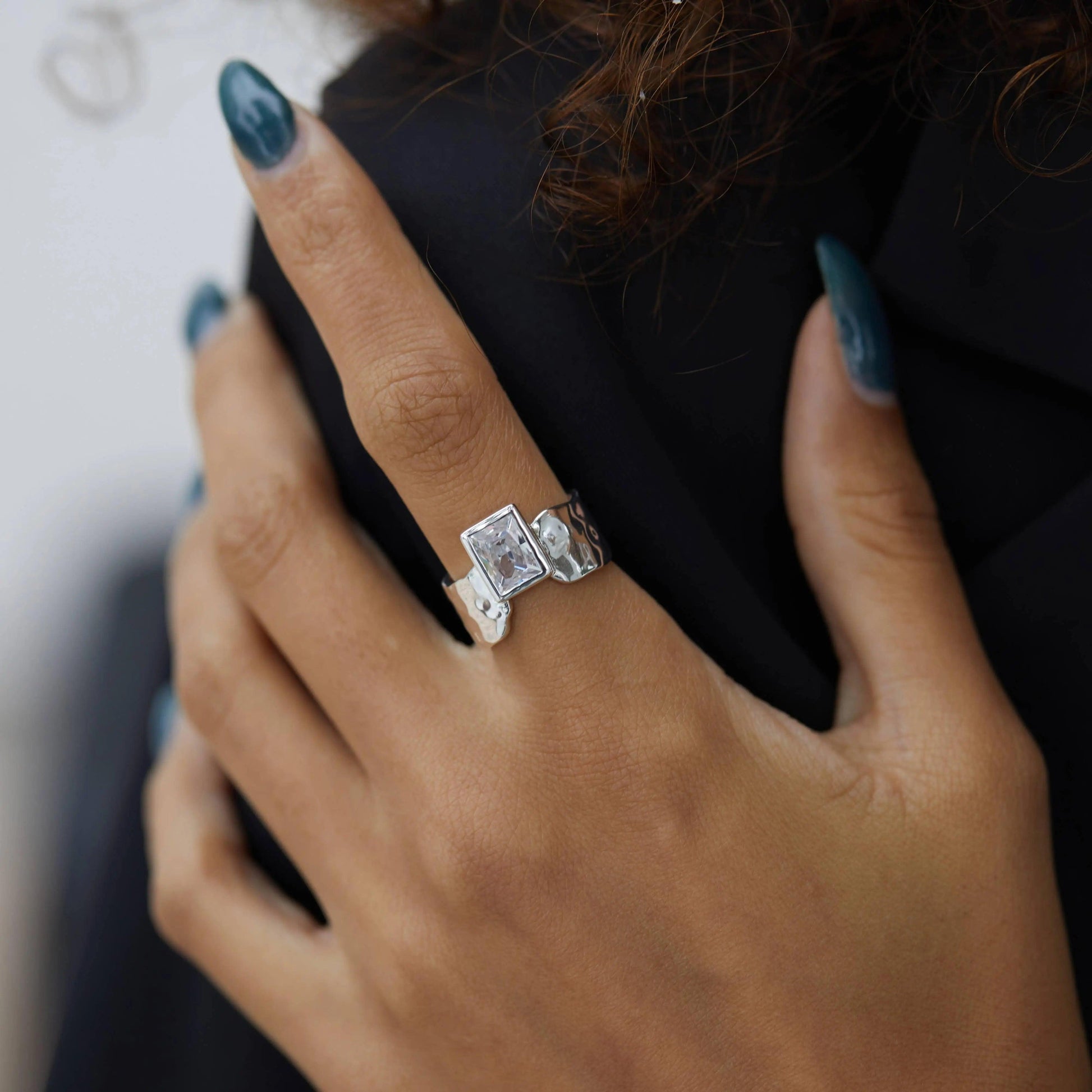 Silver Chunky Textured CZ Ring - Camillaboutiqueco camillaboutiqueshop.com