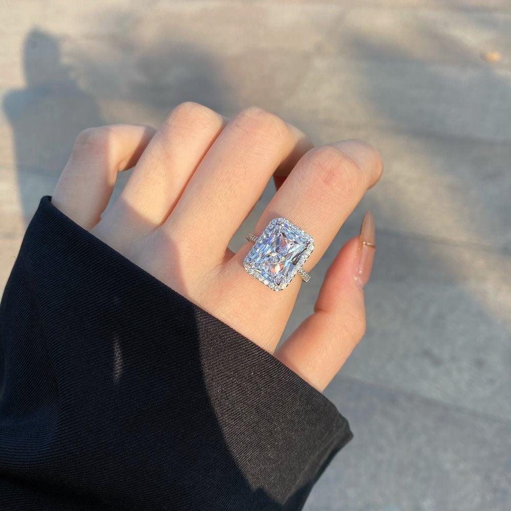Sparkle Halo Radiant Cut Cubic Zirconia Engagement Ring In White Gold - Camillaboutiqueco camillaboutiqueshop.com