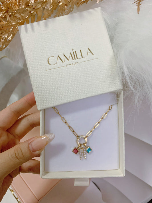 Cz Initial & 2 Birthstone Necklace