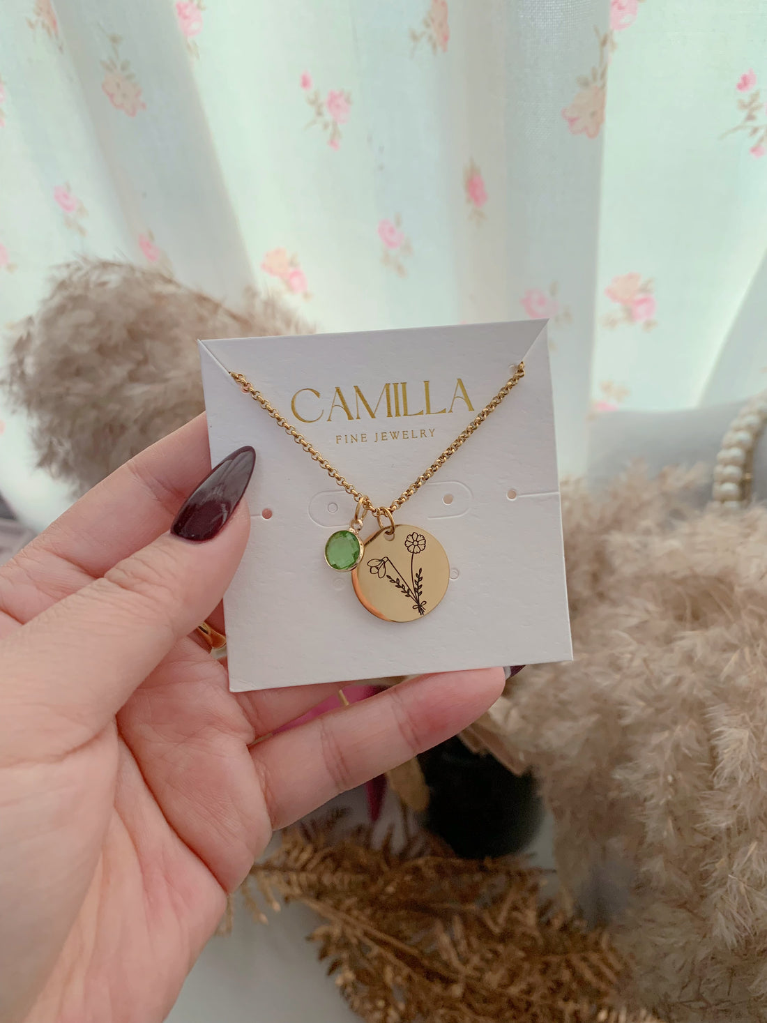 Birth Month Flower Bouquet Charm Necklace With Birthstone