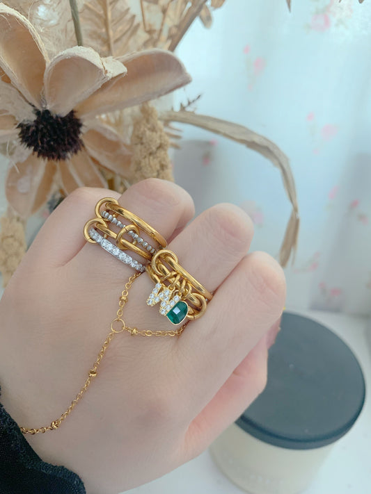 Birthstone and Initials Charm Interlock Stacking Ring