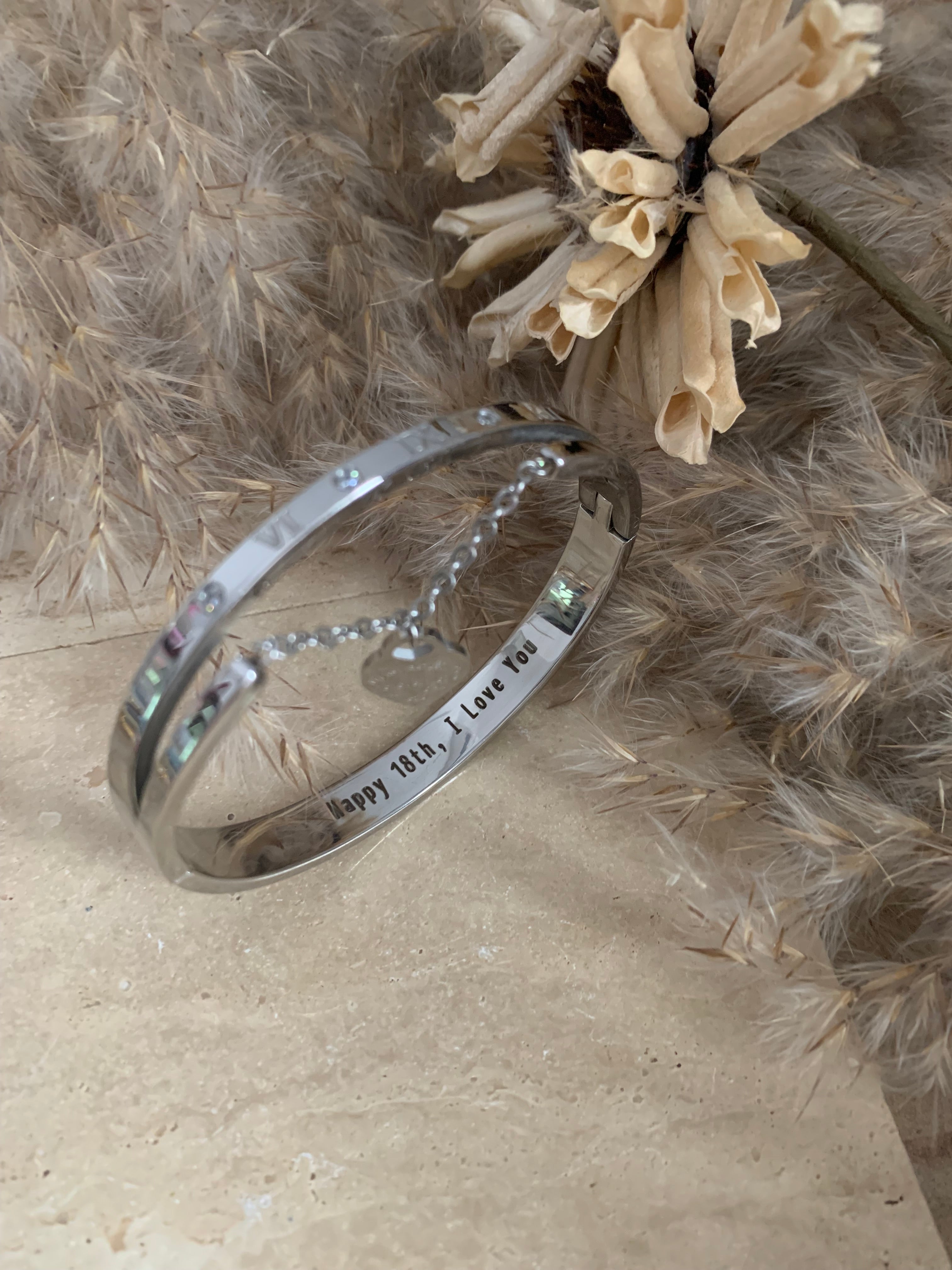 Lock Flower Bangle With Brown Vegan Leather