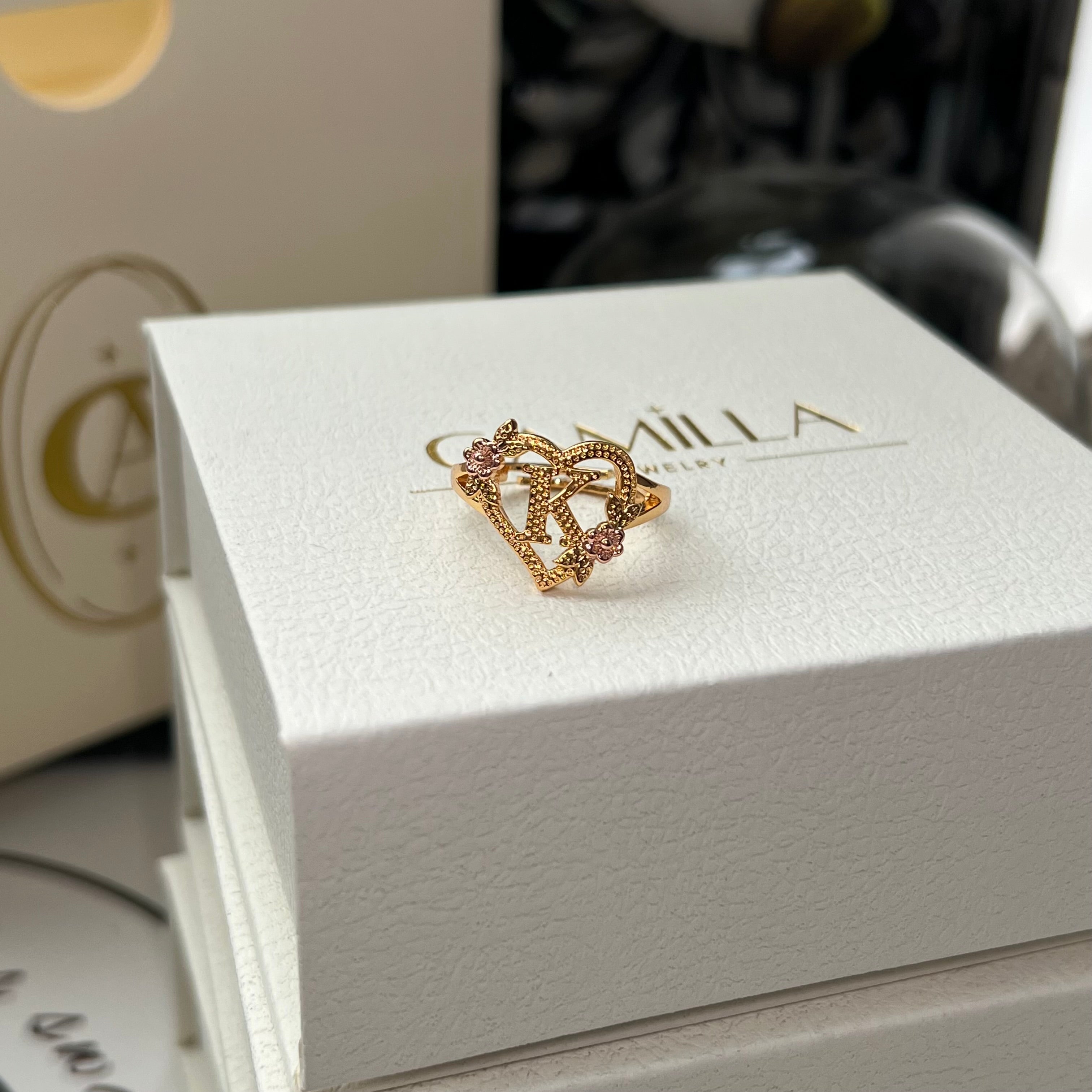 Flower Heart Initial Sterling Silver Ring