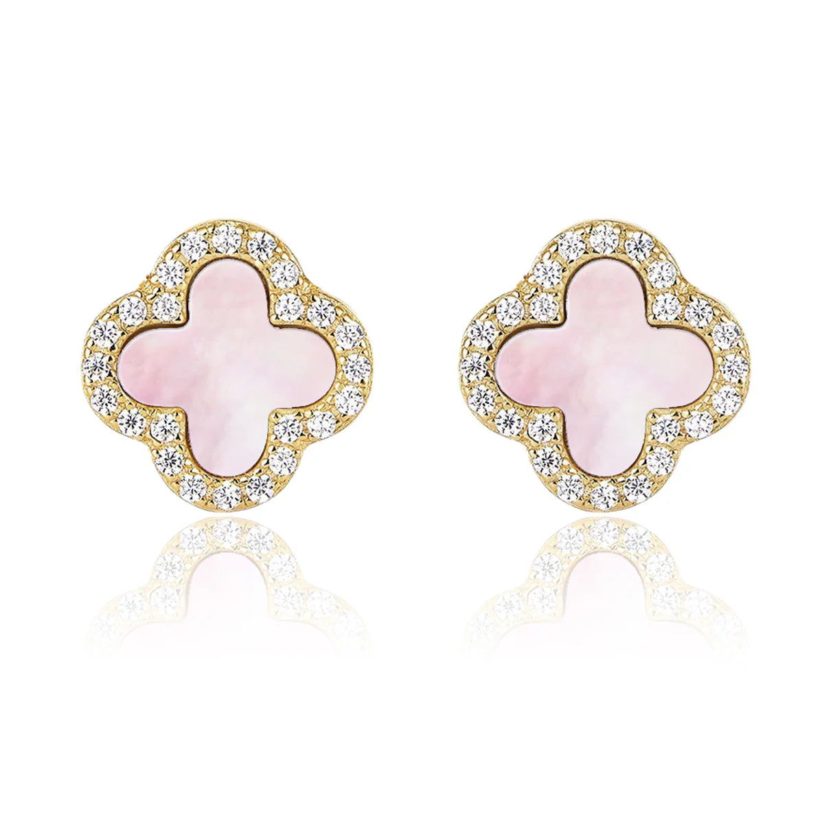 Pink Mother Of Pearl Diamanté Clover Stud Earrings