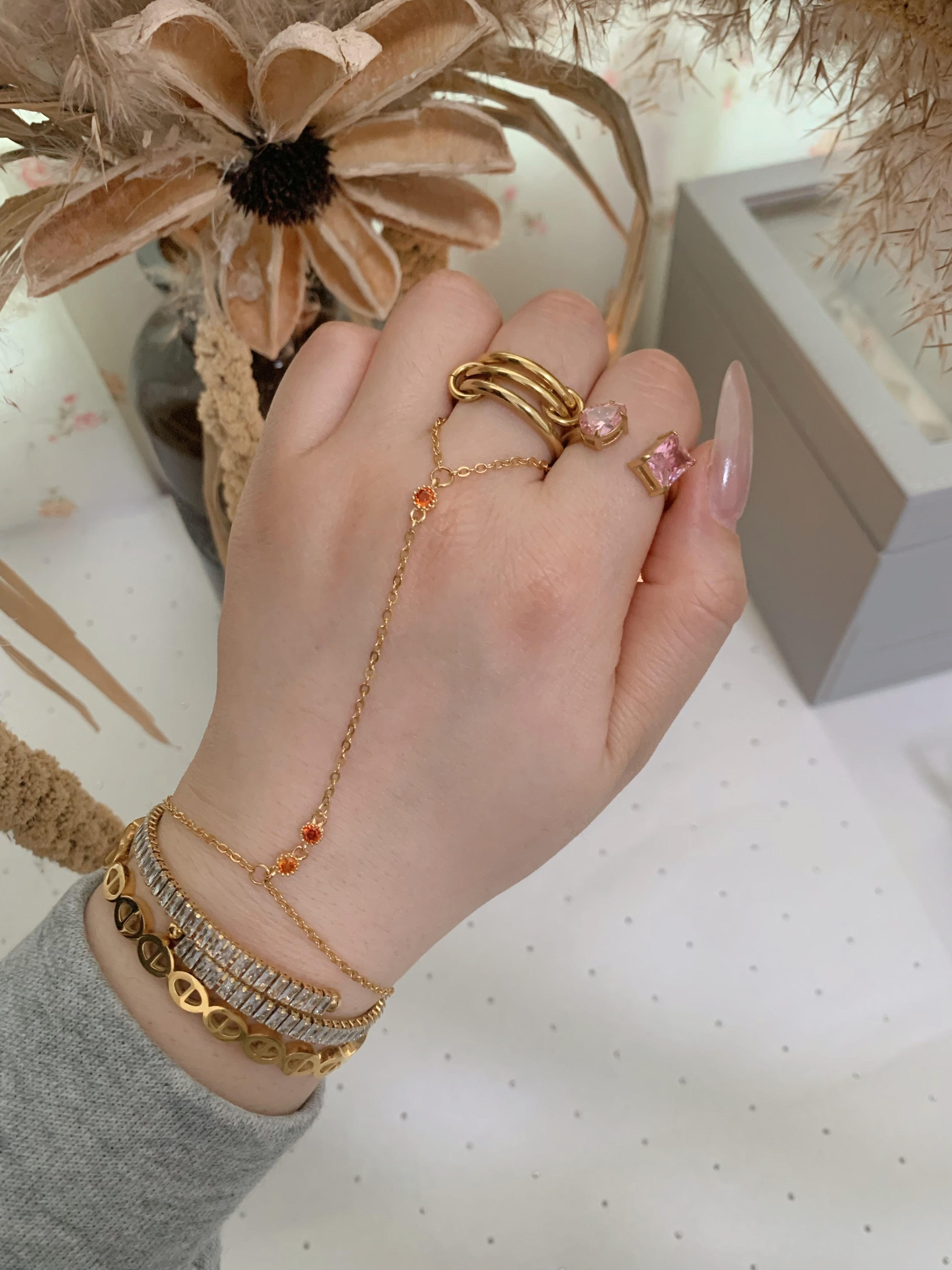 3 Red Stone CZ Hand Chain Bracelet Delicate Slave Bracelet - camillaboutiqueshop