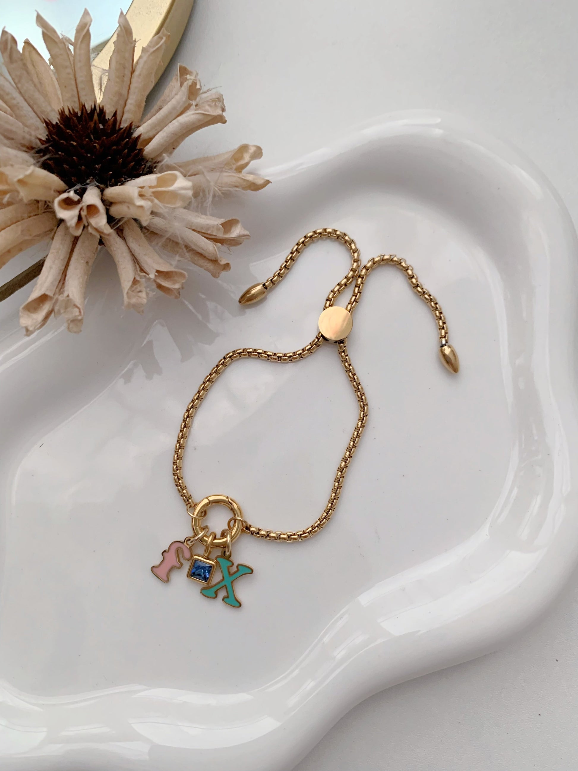 2 Enamel Initials & Birthstone Charm Bracelet - camillajewelry
