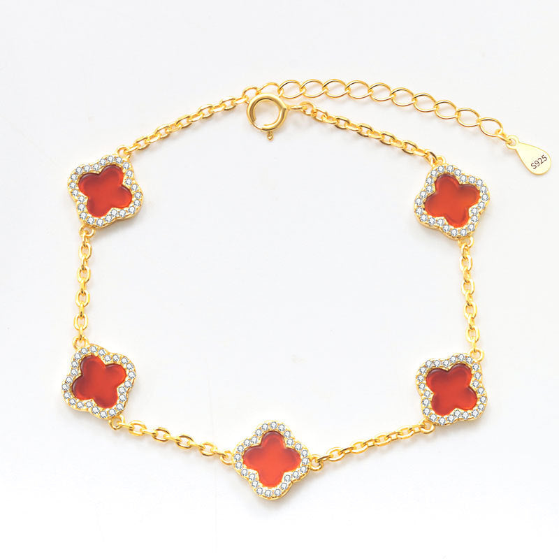 Sterling Silver Diamond Red Carnelian Clover Bracelet