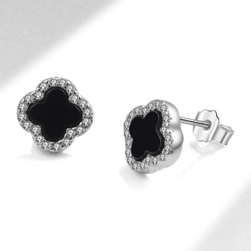Black Onyx Diamanté Clover Stud Earrings