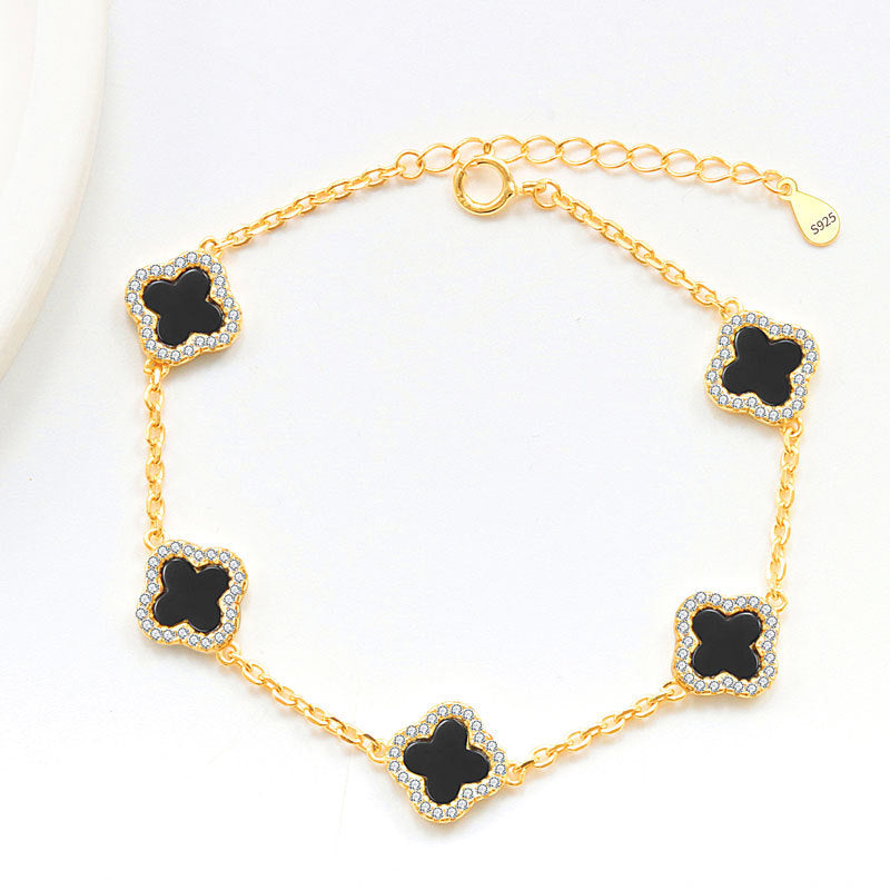 Sterling Silver Diamond Black Onyx Clover Bracelet