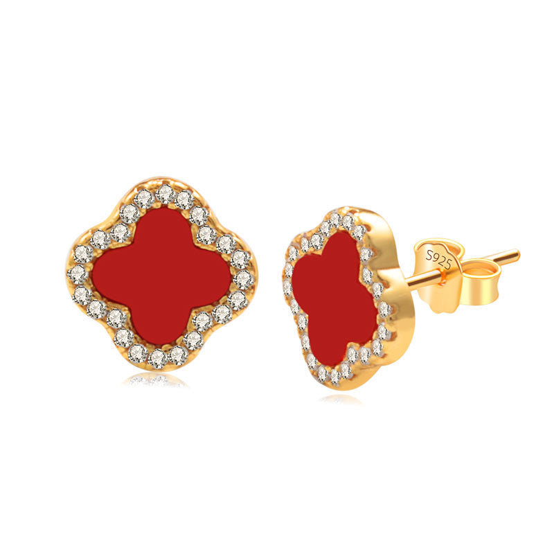 Red Carnelian Diamanté Clover Stud Earrings - camillaboutiqueshop