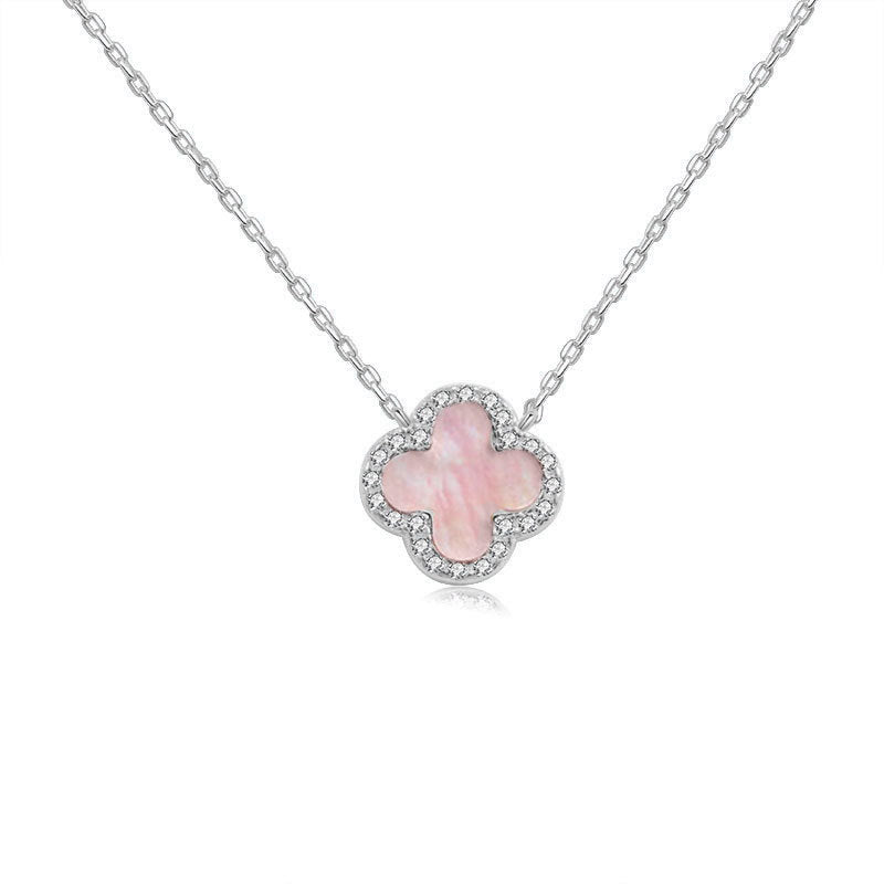 PINK MOTHER OF PEARL DIAMANTE CLOVER NECKLACE