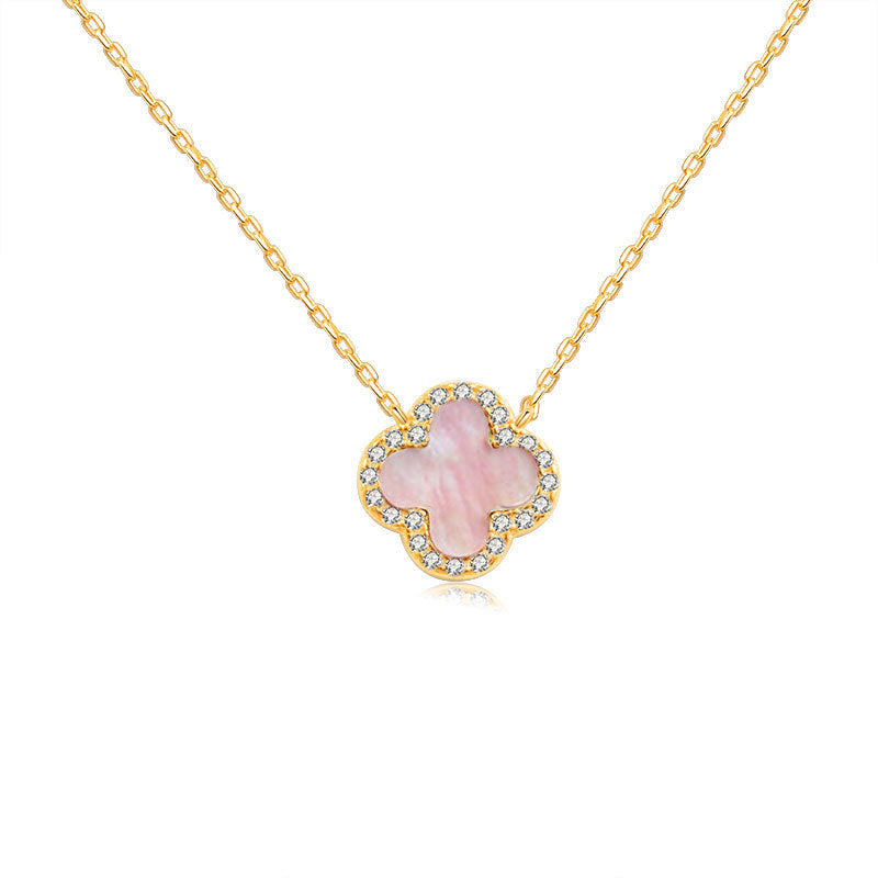 PINK MOTHER OF PEARL DIAMANTE CLOVER NECKLACE