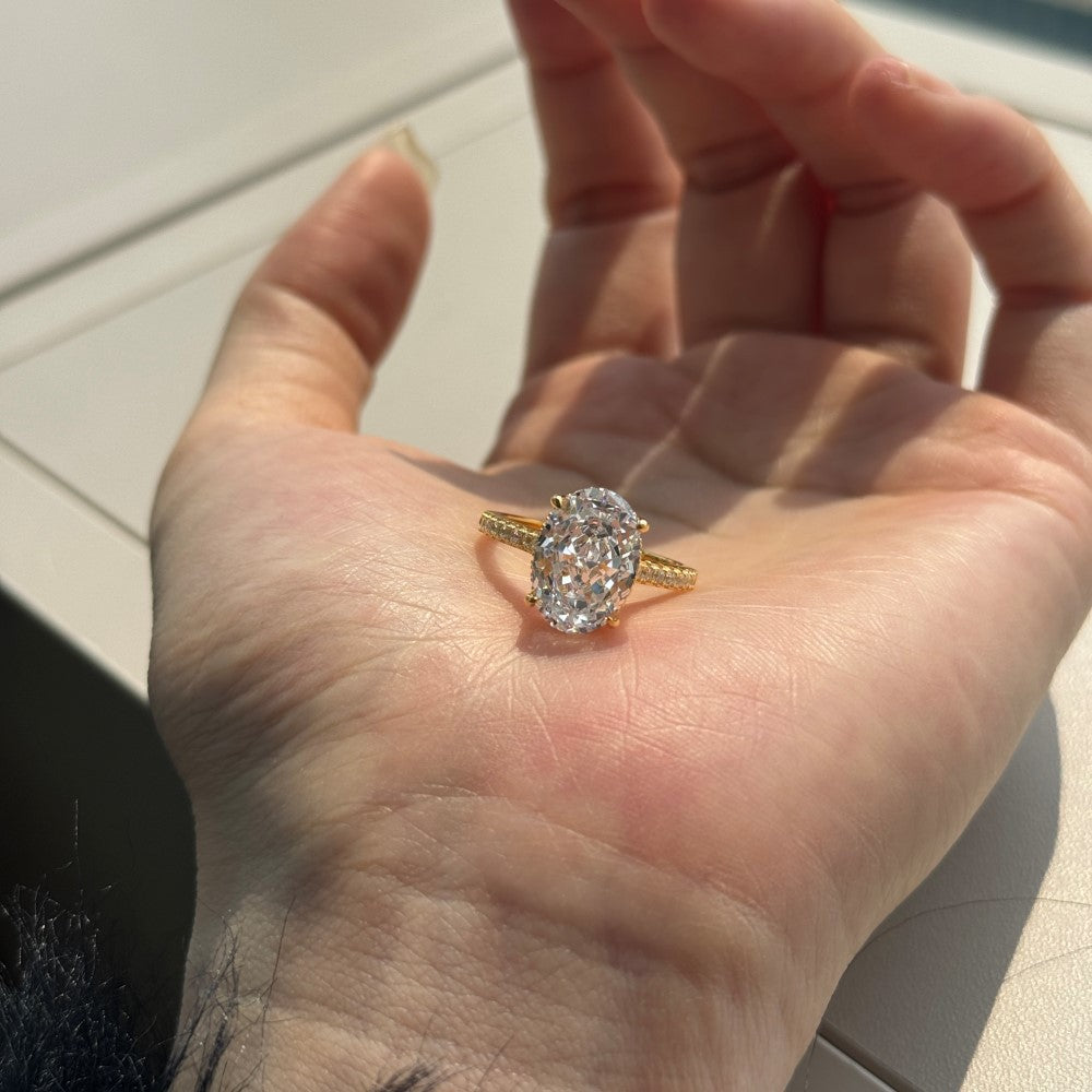 Classic Crushed Ice Oval Cut Half Pavé Solitaire Ring- Gold