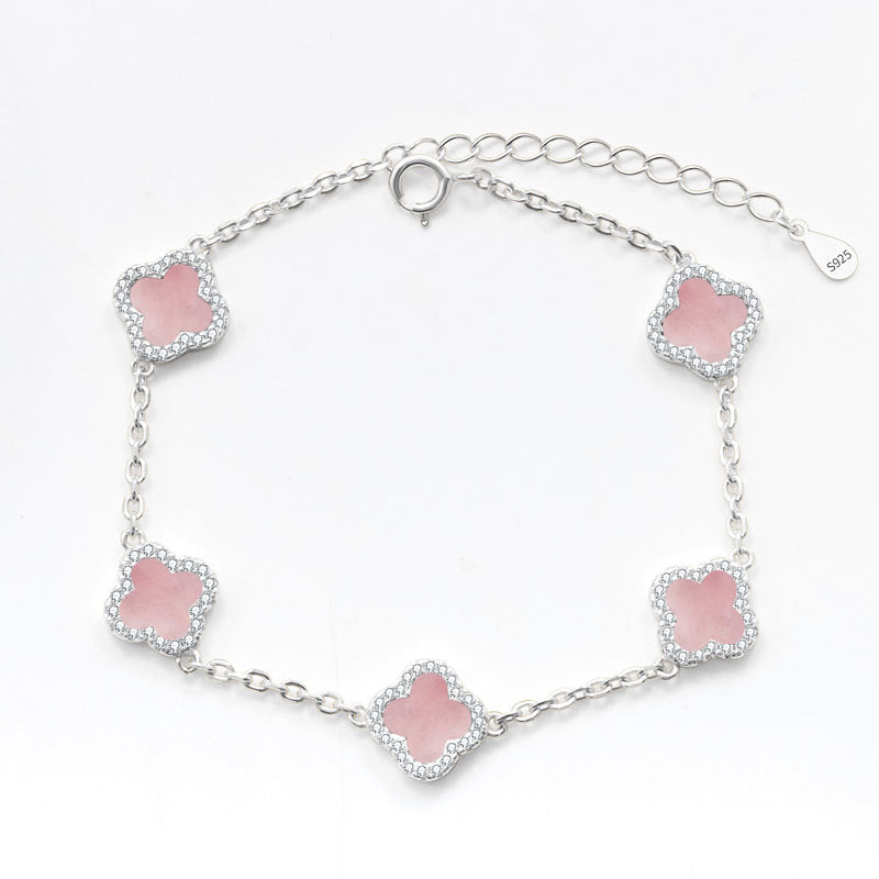 Sterling Silver Diamond 'PINK' Mother Of Pearl Clover Bracelet