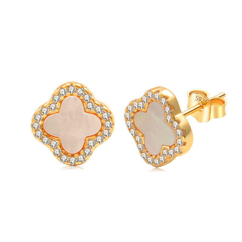 Mother Of Pearl Diamanté Clover Stud Earrings - camillaboutiqueshop