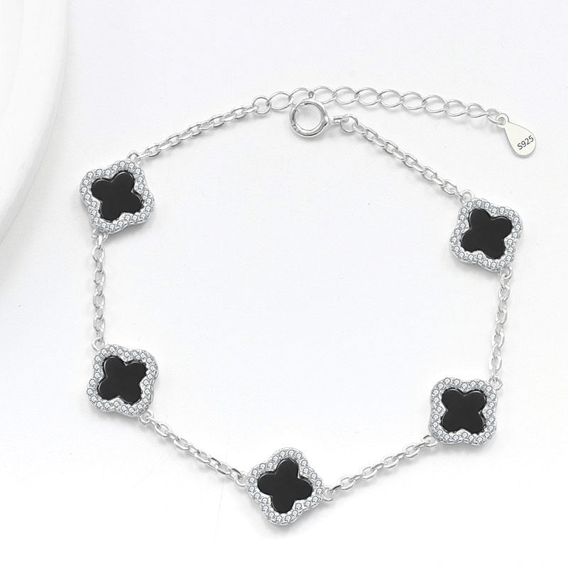Sterling Silver Diamond Black Onyx Clover Bracelet