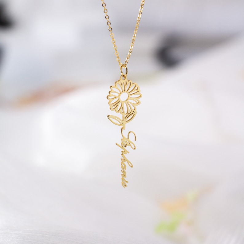 Solid Gold Necklace with a Birth Month Flower Pendant - Tales In Gold