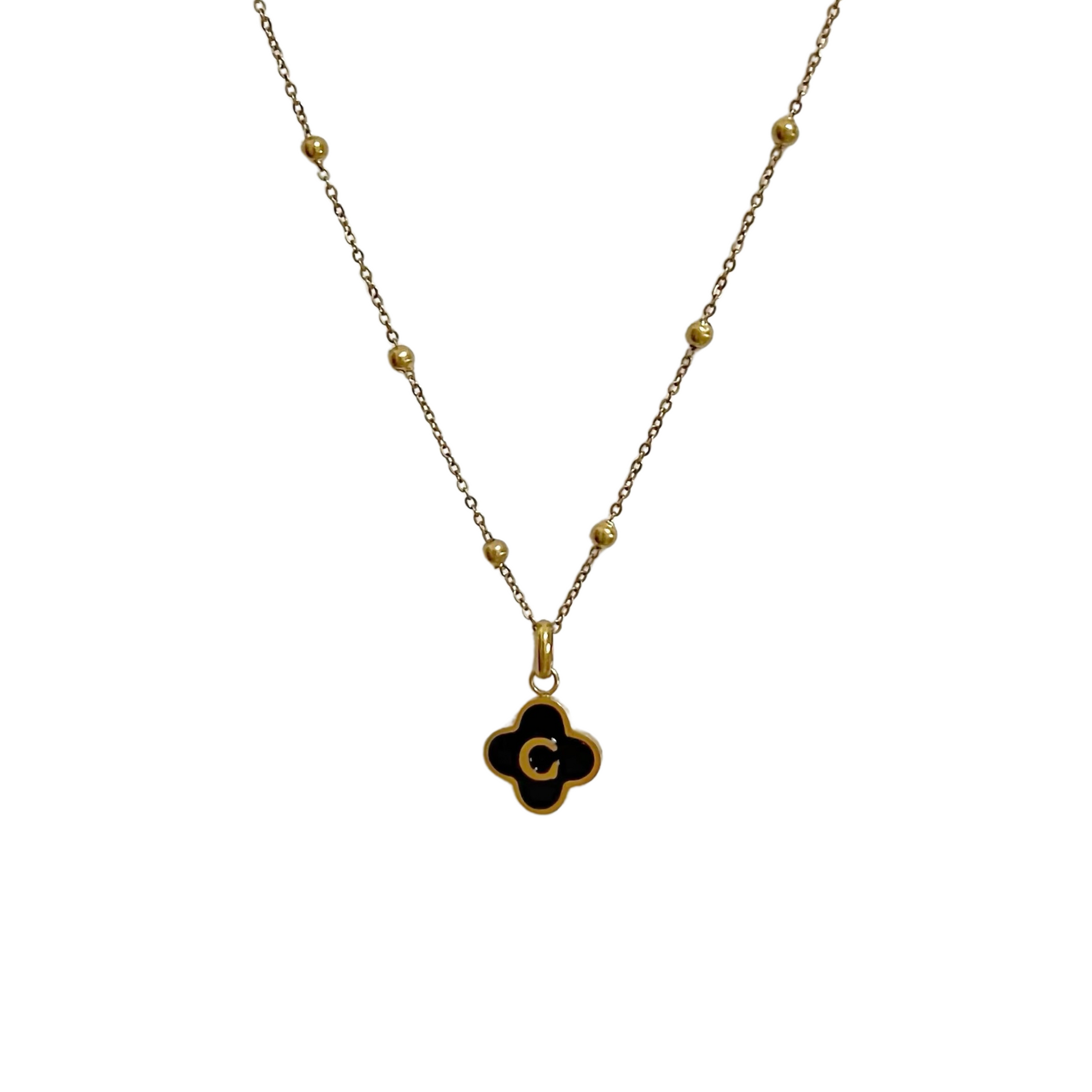 Black Onyx Clover Initial Necklace - Camillaboutiqueshop