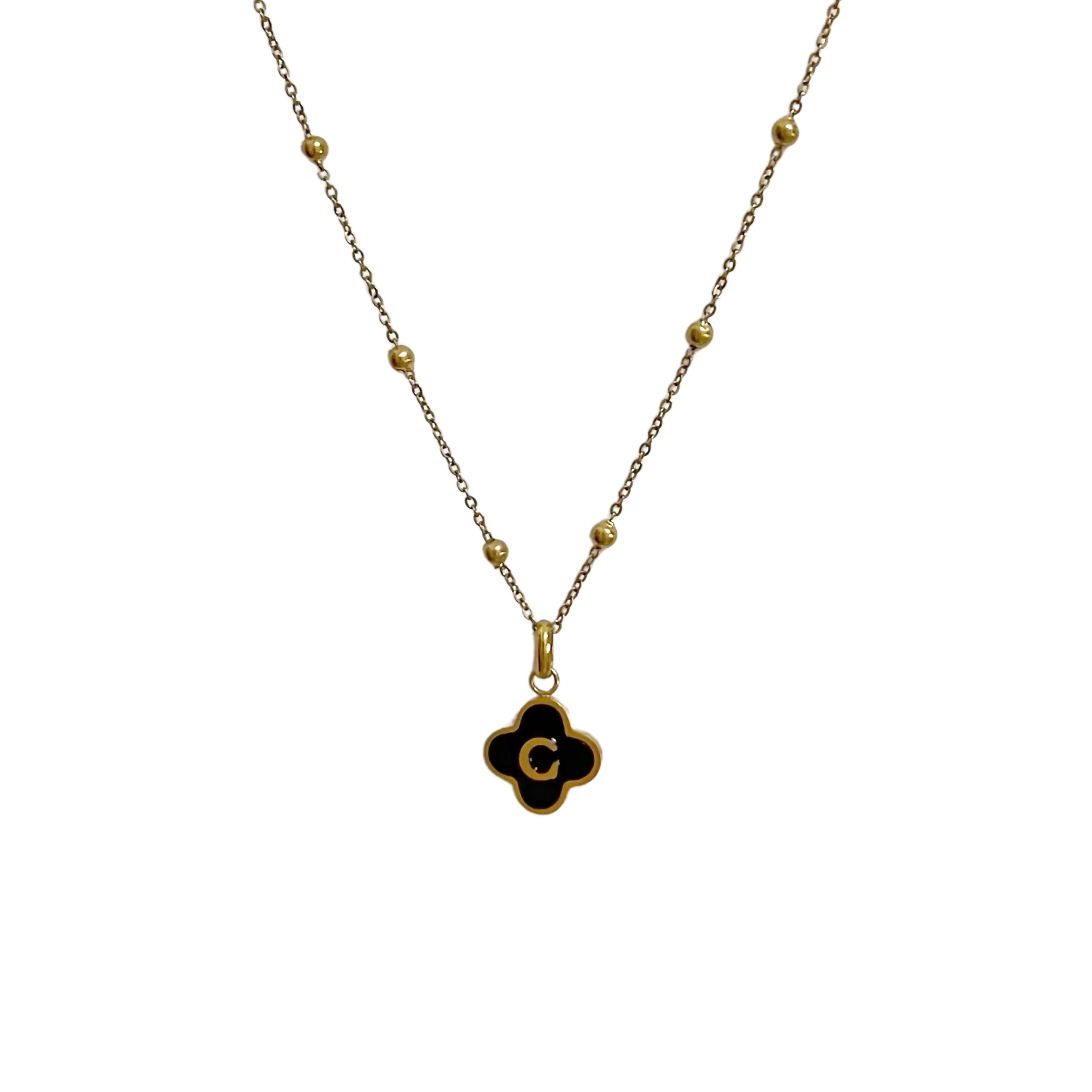 Black Onyx Clover Initial Necklace - Camillaboutiqueshop