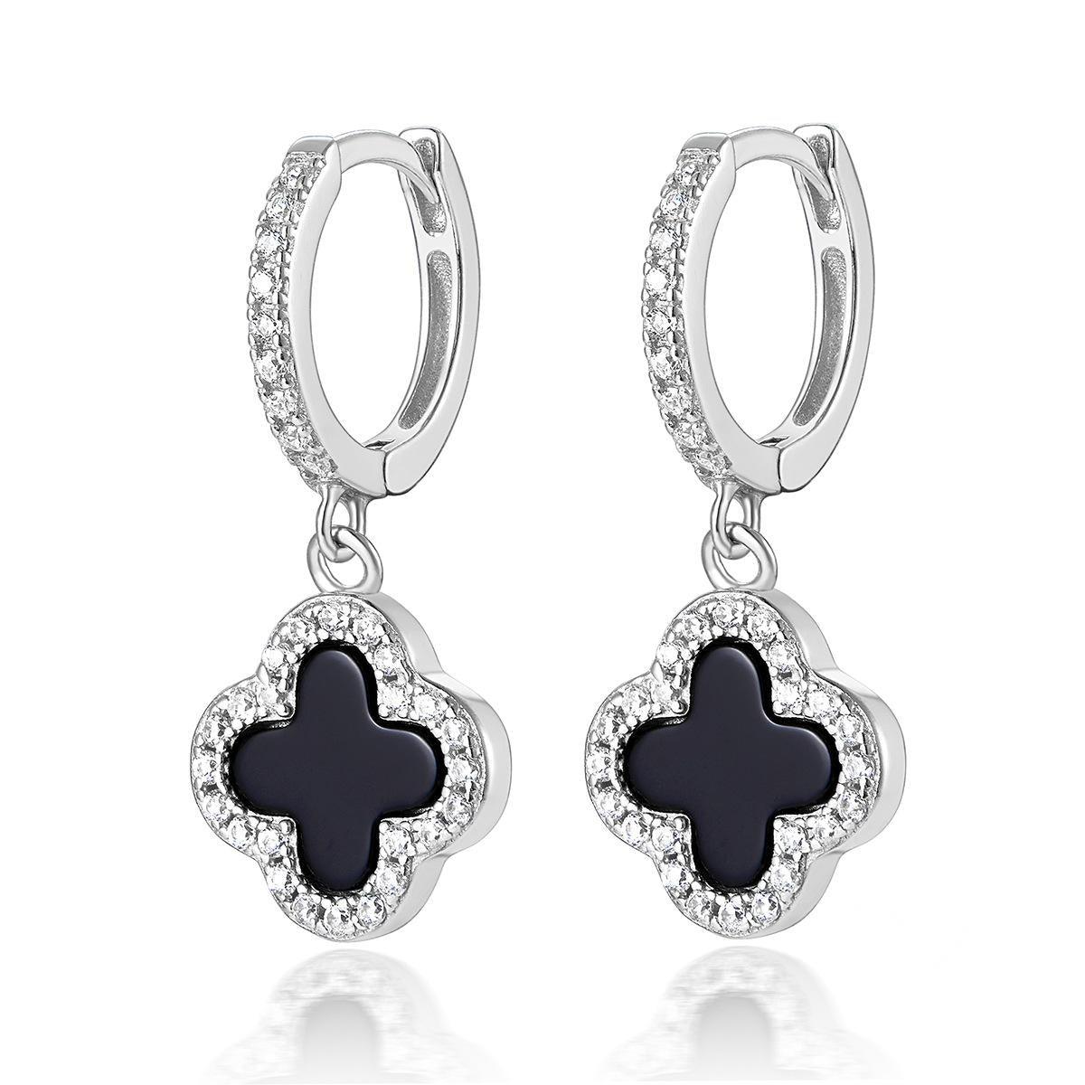 BLACK ONYX DIAMANTE CLOVER HUGGIE HOOP EARRINGS - Camillaboutiqueshop