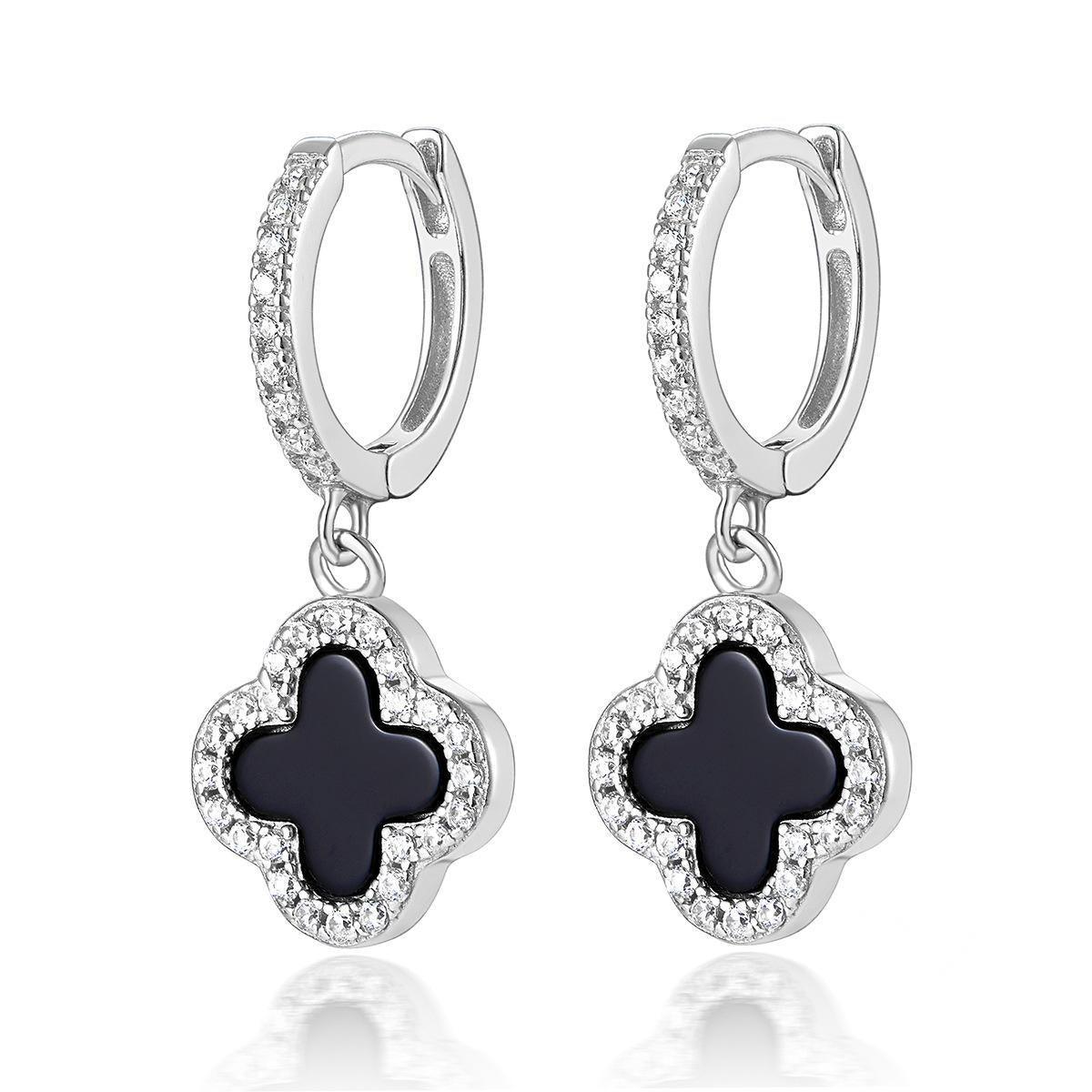 BLACK ONYX DIAMANTE CLOVER HUGGIE HOOP EARRINGS - Camillaboutiqueshop