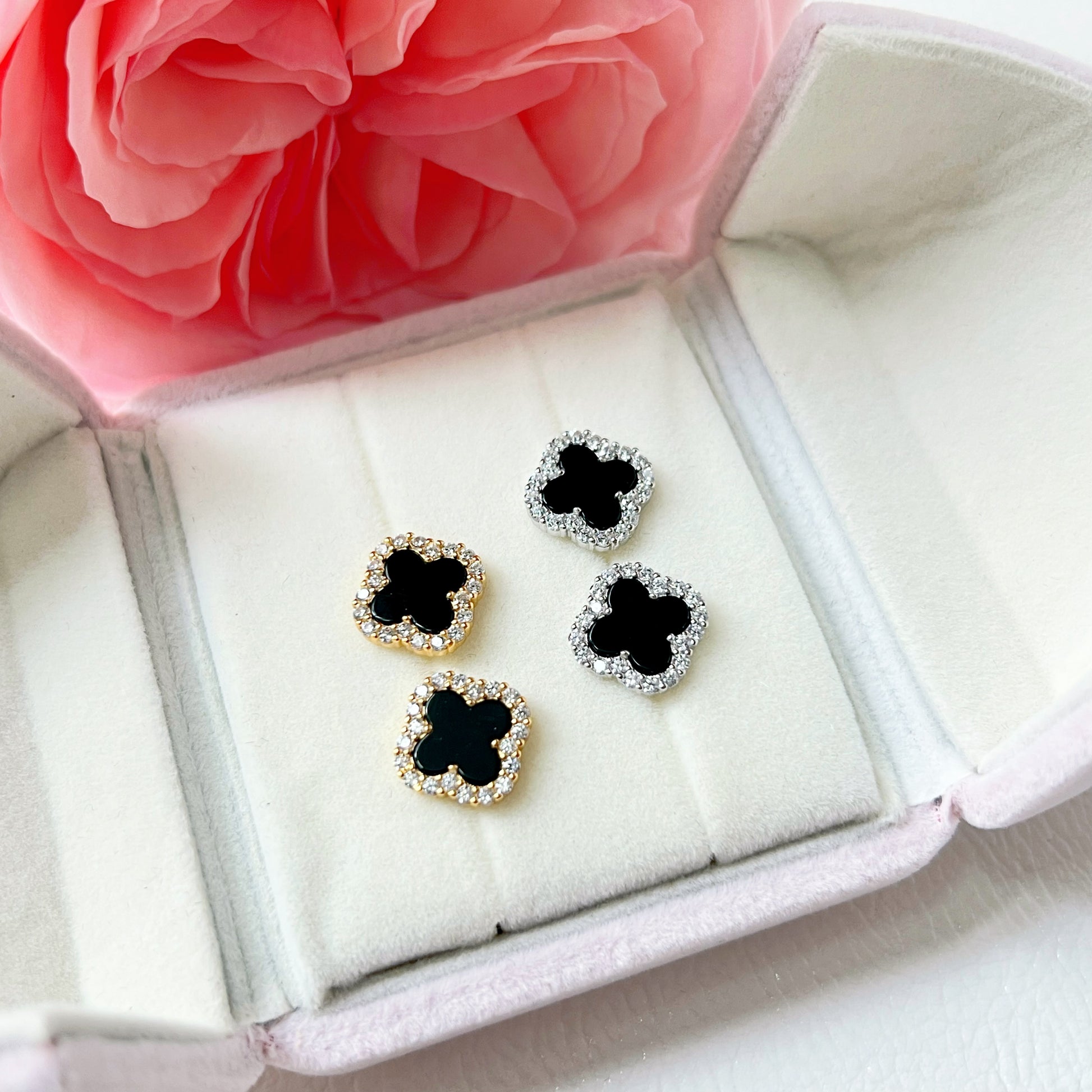 Black Onyx Diamanté Clover Stud Earrings - Camillaboutiqueshop