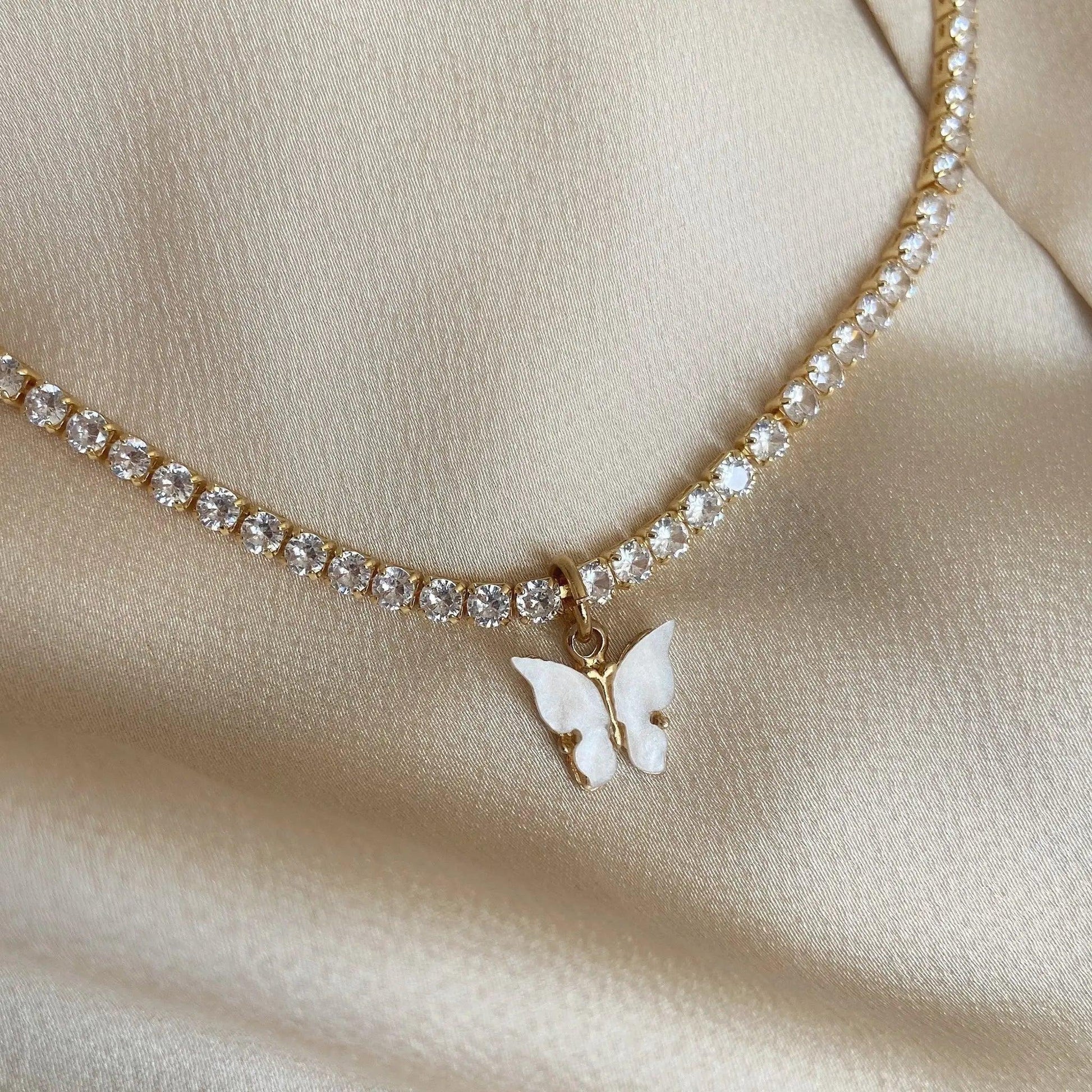 Pearl Butterfly Choker Necklace With Tennis Chain - Camillaboutiqueco camillaboutiqueshop.com