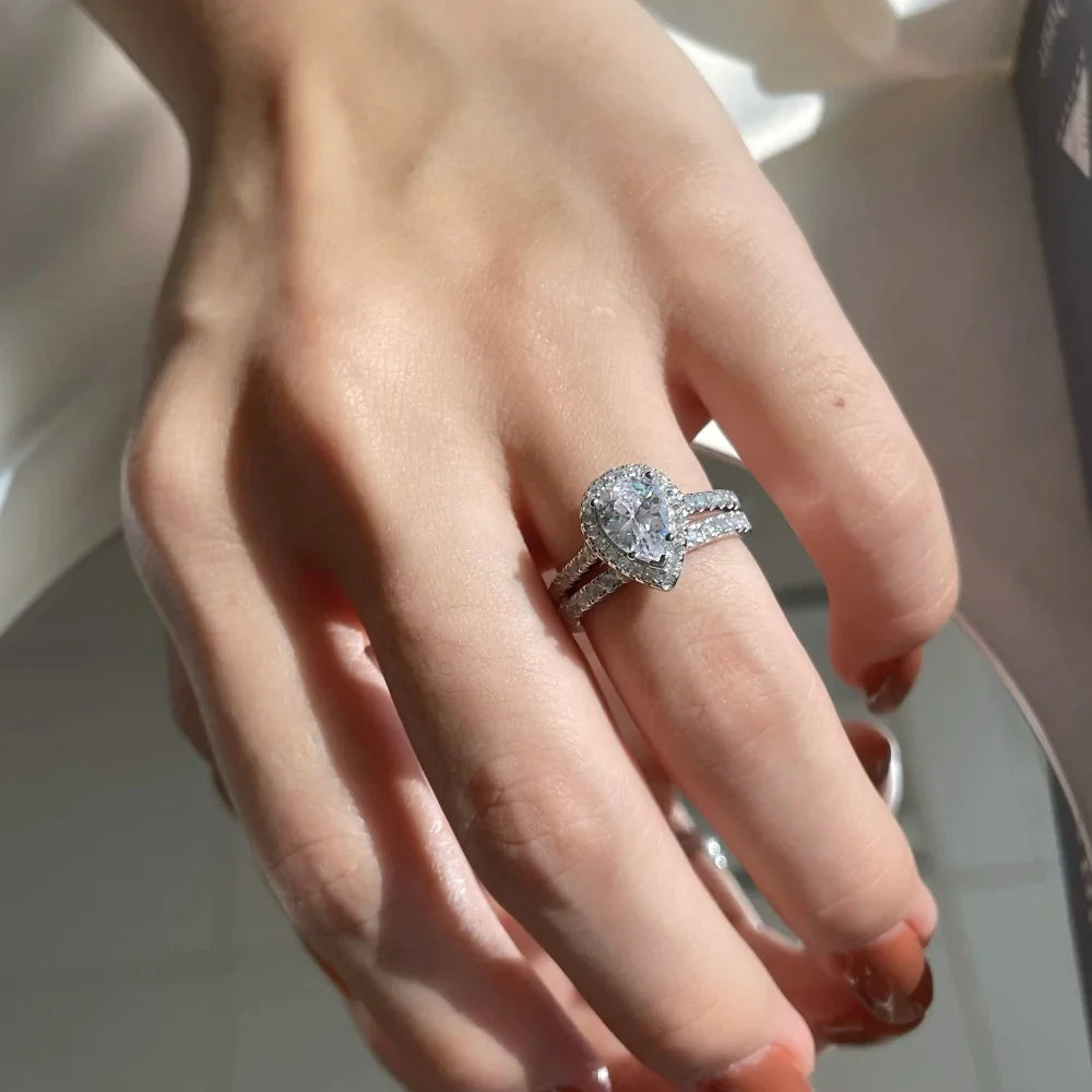 Classic Cubic Zirconia Pear Cut Halo Engagement Ring Set For Her - Camillaboutiqueco camillaboutiqueshop.com