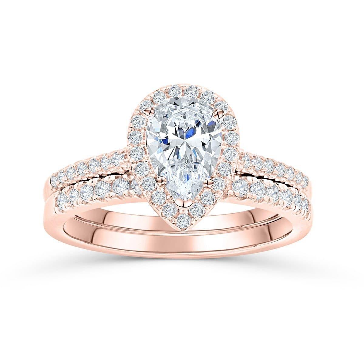 Classic Cubic Zirconia Pear Cut Halo Engagement Ring Set For Her - Camillaboutiqueshop