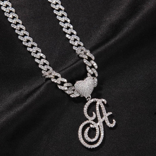 Cursive Heart Initial Cuban Link Necklace | 18Inch - Camillaboutiqueshop