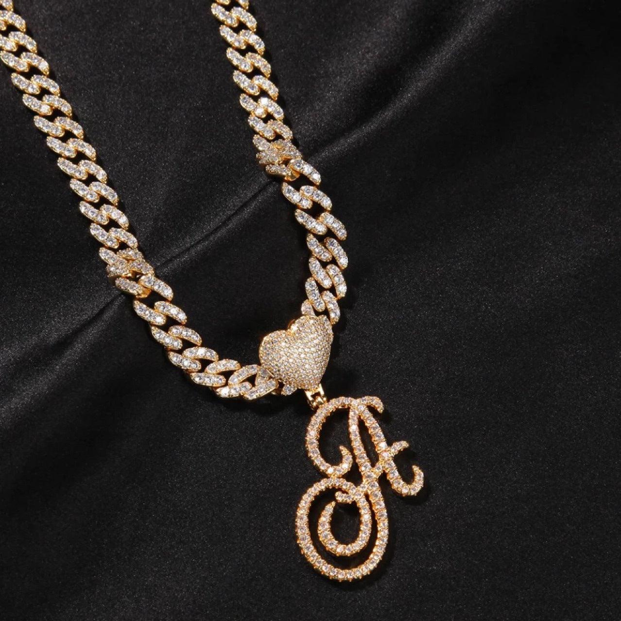 Cursive Heart Initial Cuban Link Necklace | 18Inch - Camillaboutiqueshop