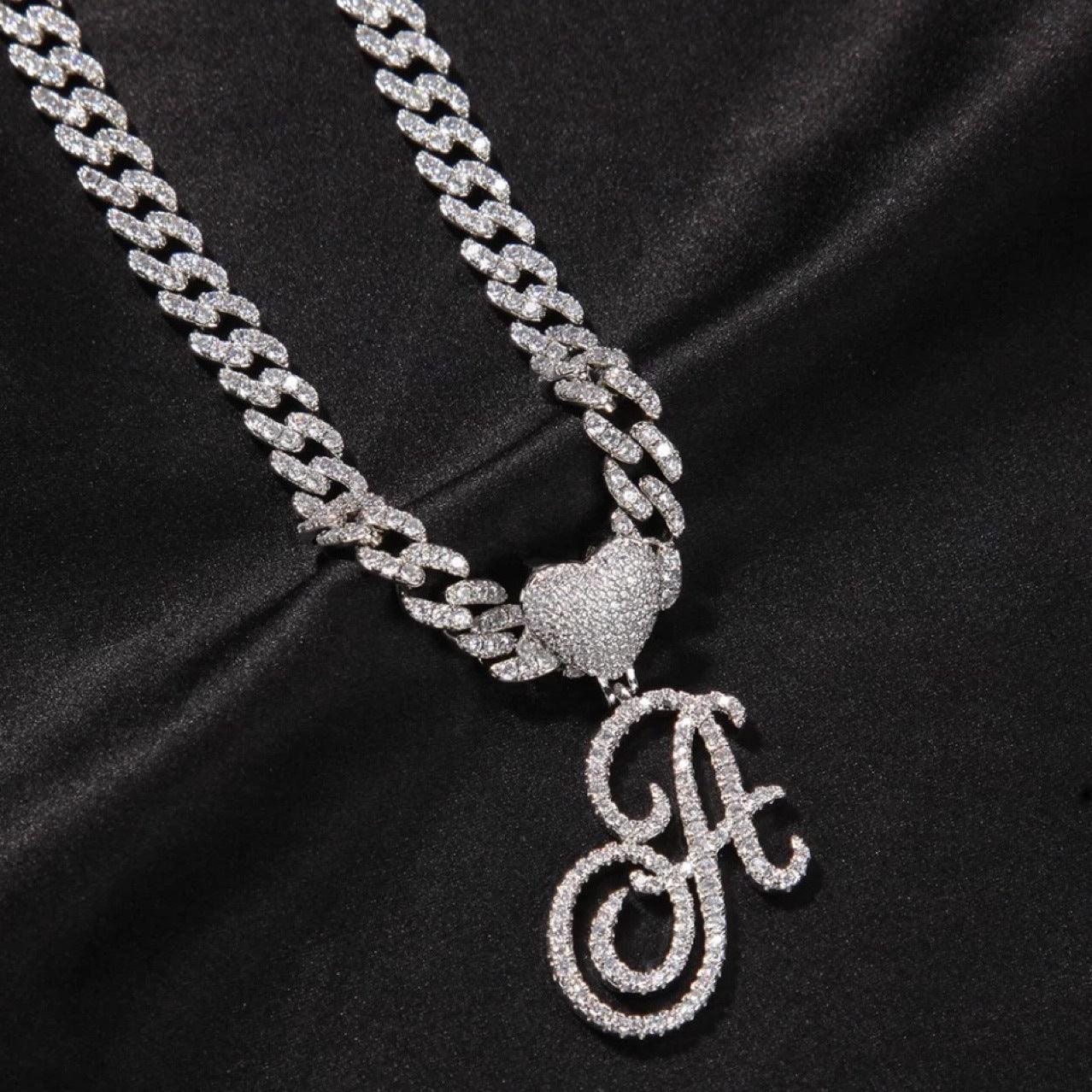 Cursive Heart Initial Cuban Link Necklace | 18Inch - camillaboutiqueshop