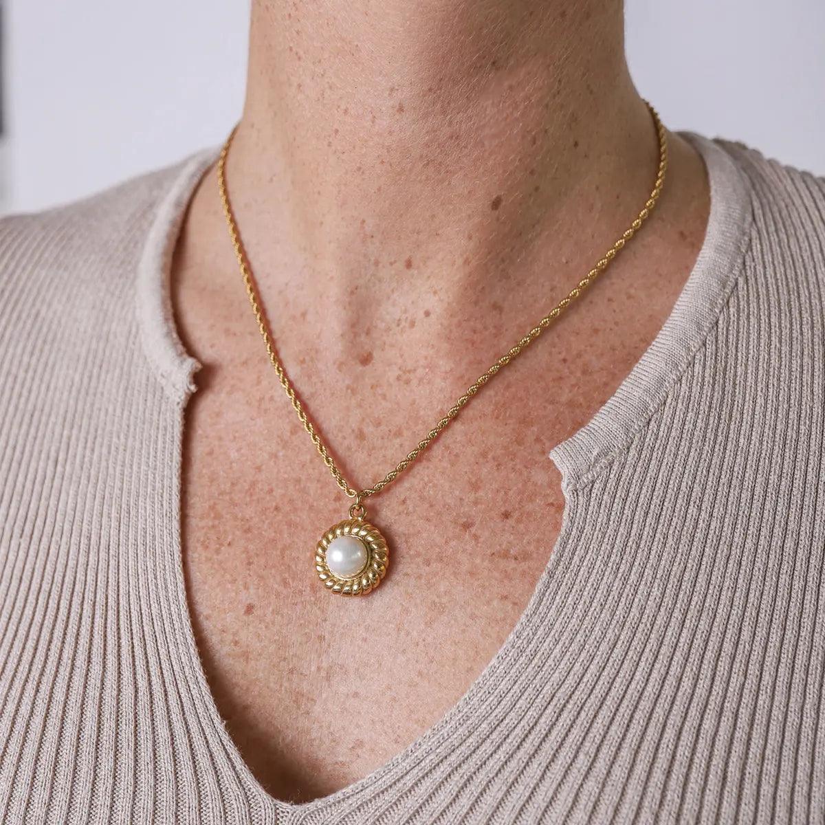 Gold Pearl Pendant With Rope Chain Necklace - Camillaboutiqueco camillaboutiqueshop.com