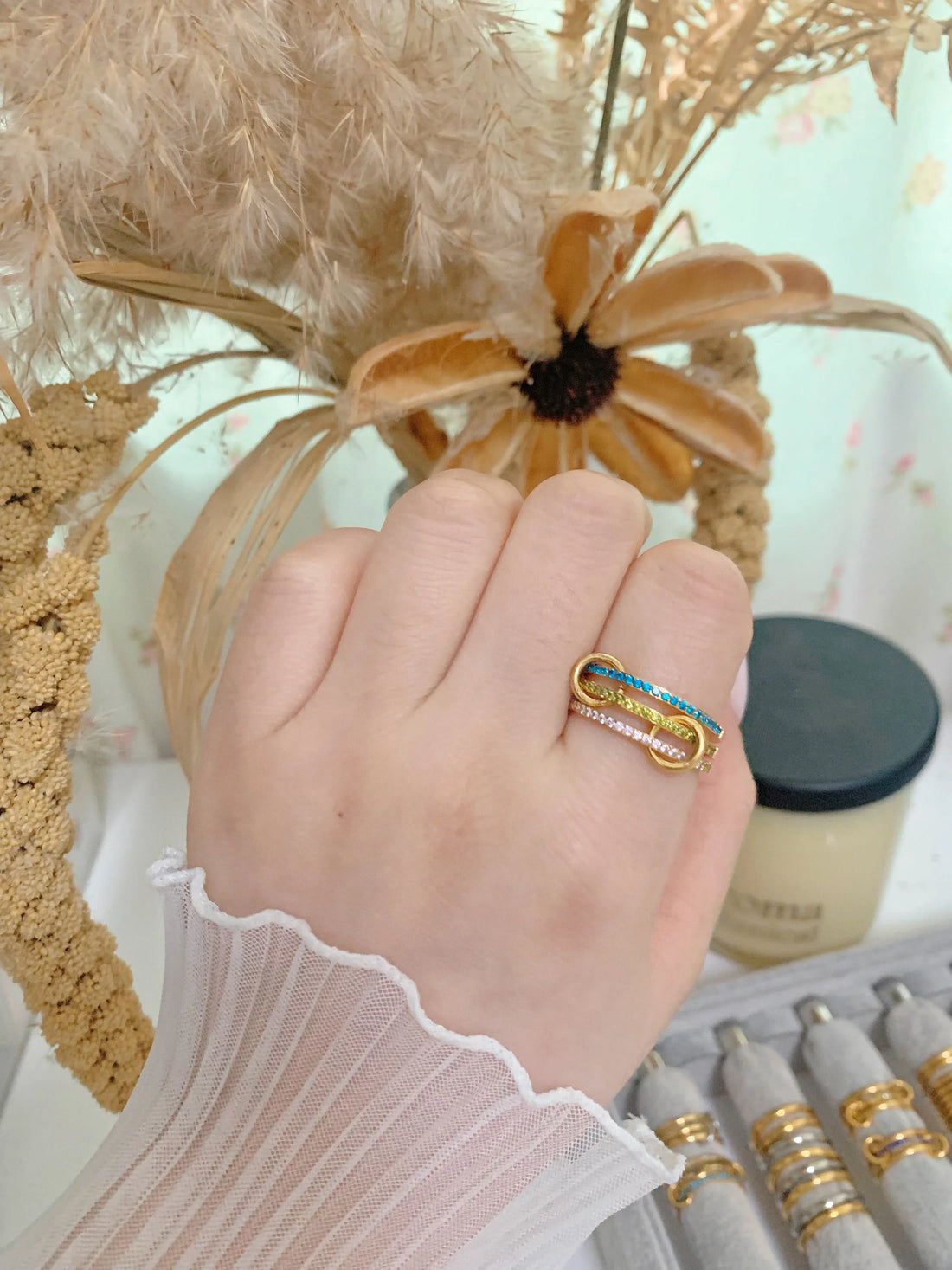 Gold Triple Birthstone Band Stackable Rings - Camillaboutiqueshop