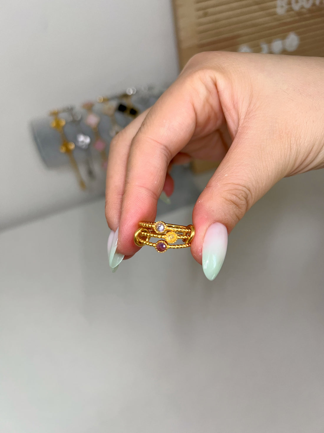Gold Triple solitaire stacking birthstone ring - Camillaboutiqueshop