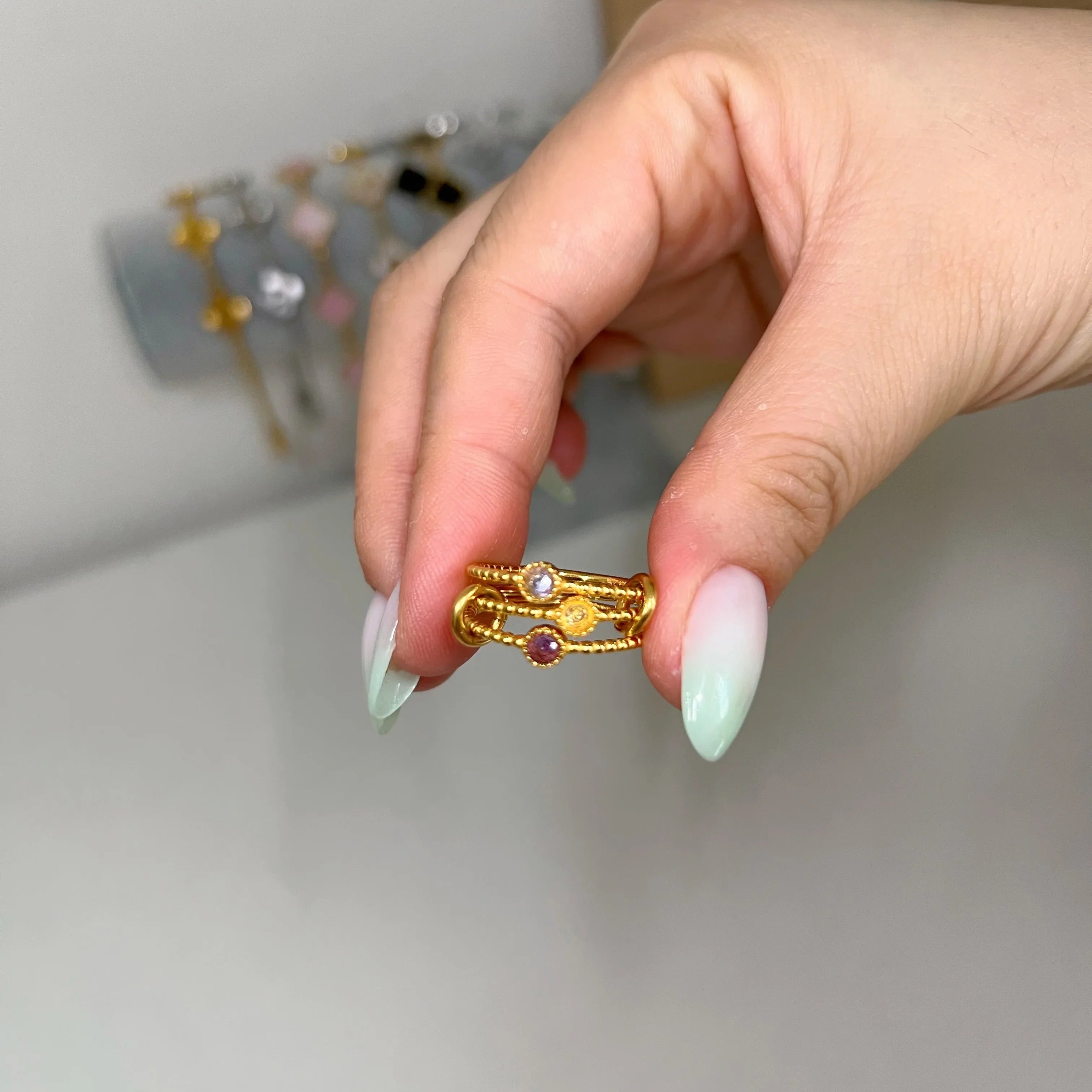 Gold Triple solitaire stacking birthstone ring - camillaboutiqueshop