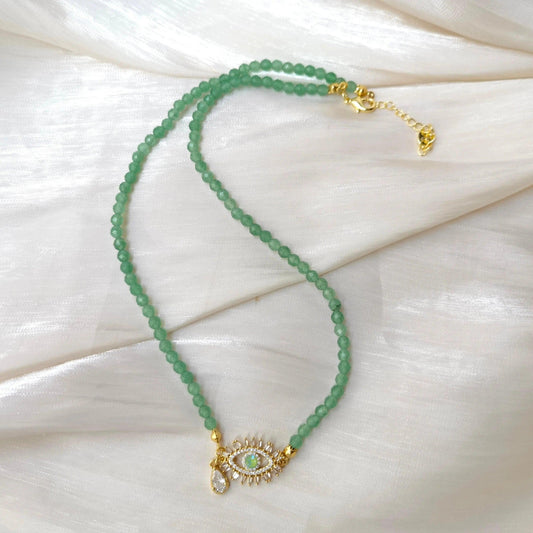 Green Aventurine Bead With Evil Eye Charm Necklace - Camillaboutiqueshop