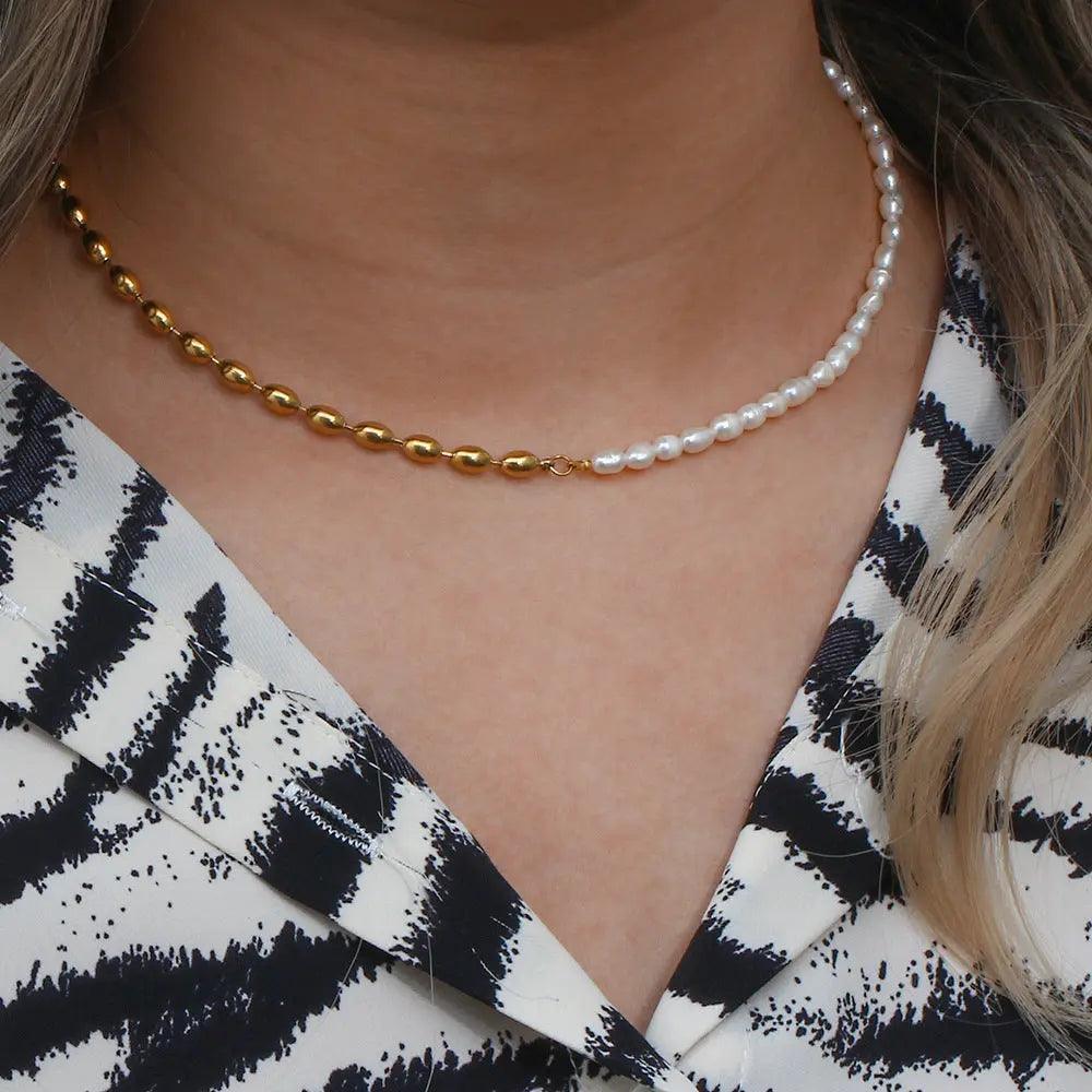 Half Pearl Half Bead Chain Necklace - Camillaboutiqueshop