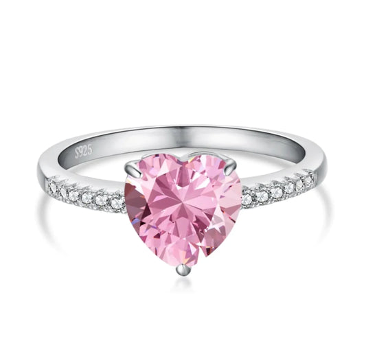 Luxury Pink Heart Cz Ring Adjustable Band Engagement/promise Ring