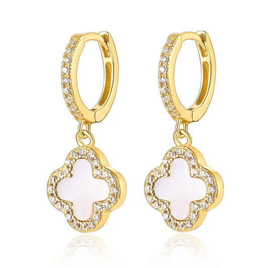 MOTHER OF PEARL DIAMANTE CLOVER HUGGIE HOOP EARRINGS - Camillaboutiqueshop