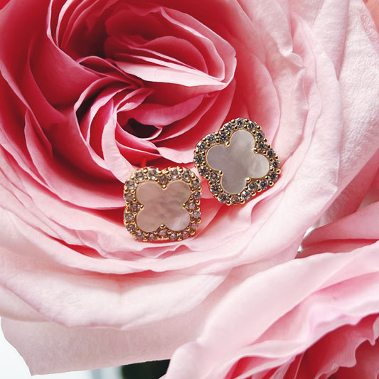 Mother Of Pearl Diamanté Clover Stud Earrings - Camillaboutiqueshop