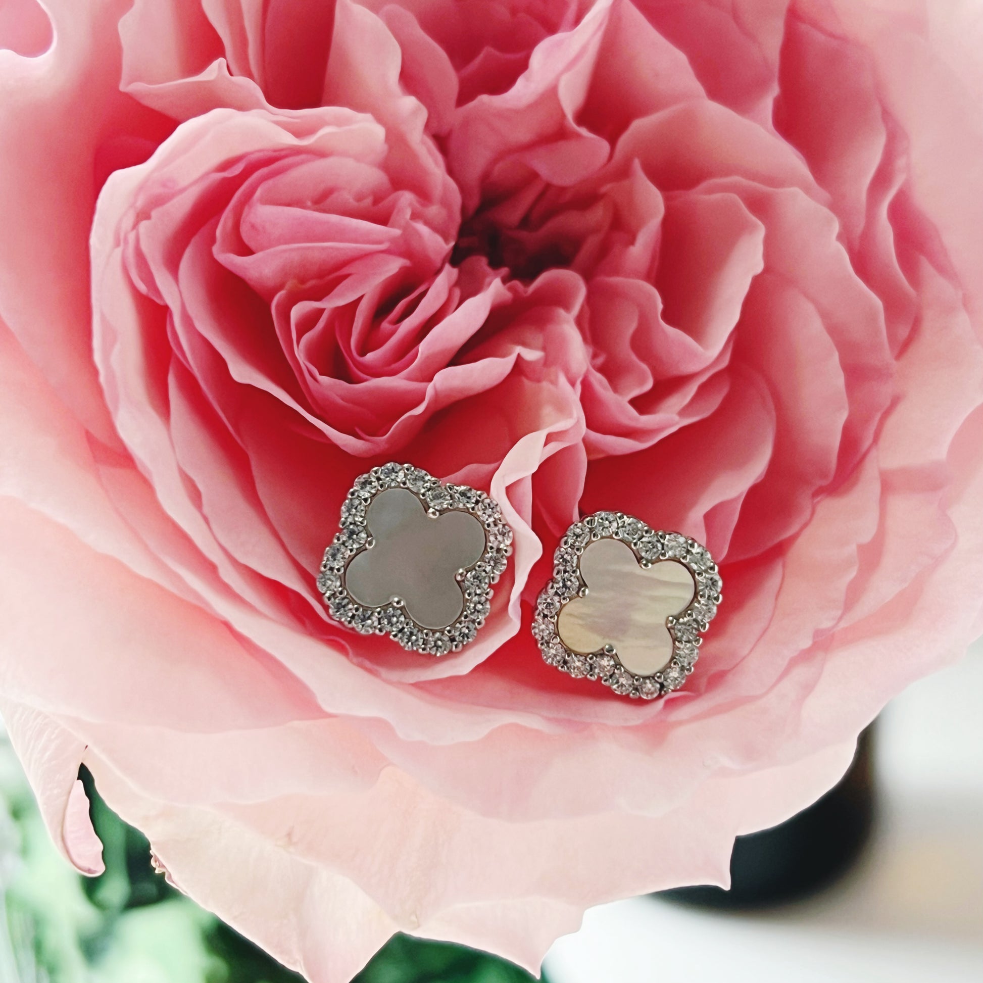 Mother Of Pearl Diamanté Clover Stud Earrings - Camillaboutiqueshop