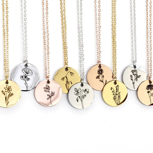 Personalized Engraved Birth Flower Charm Necklace - Camillaboutiqueshop