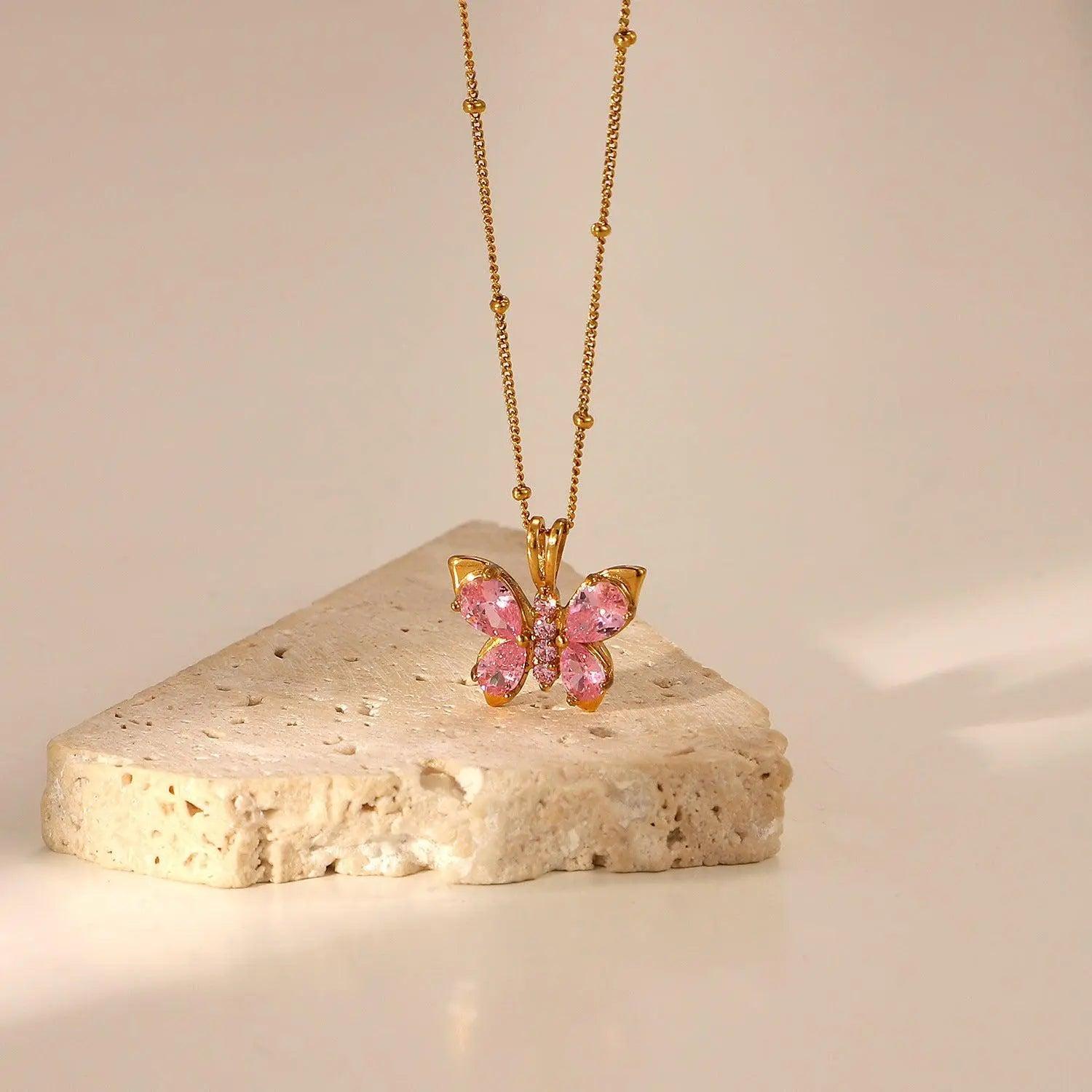 Pink Diamond Butterfly Necklace - CamillaBoutique 