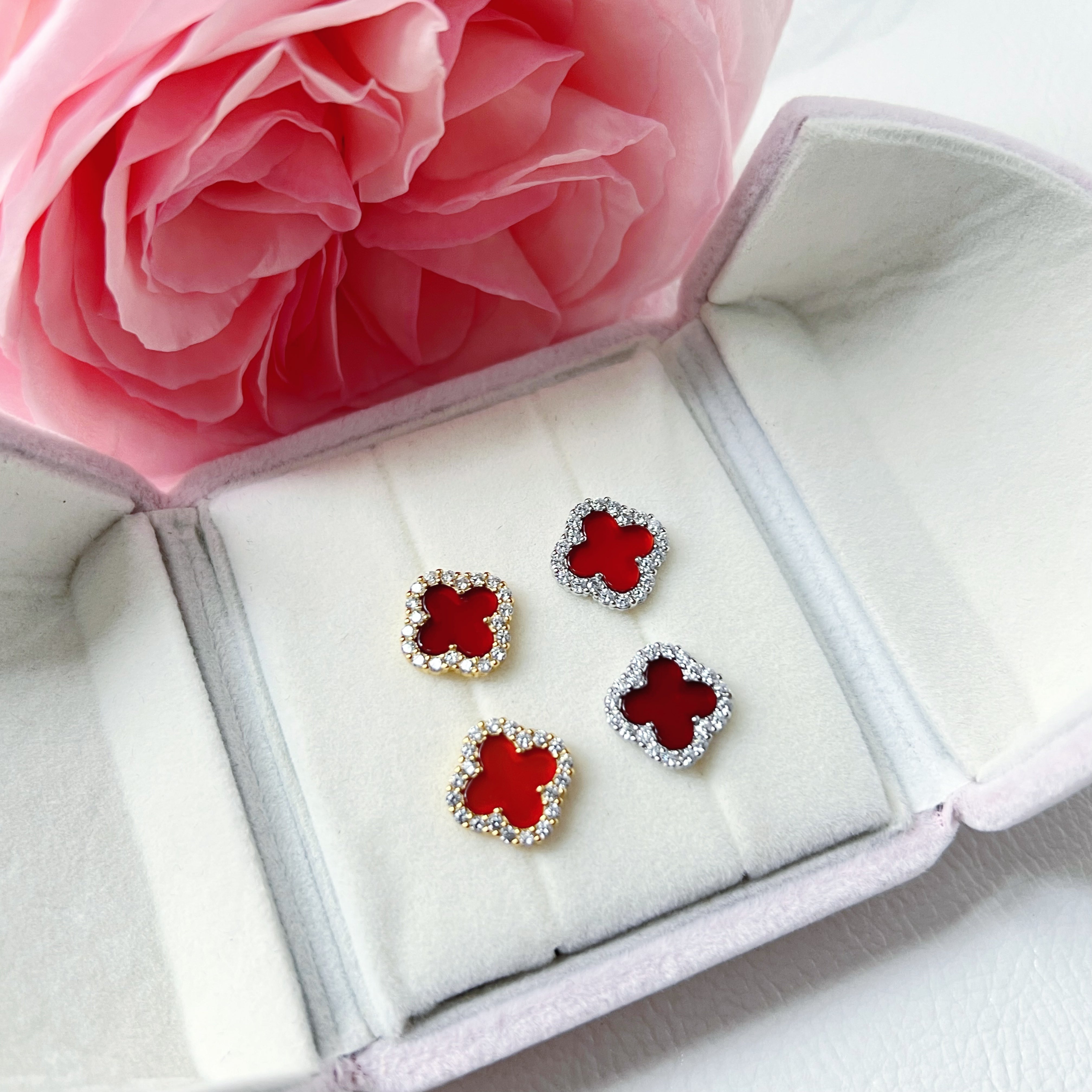 Red Carnelian Diamanté Clover Stud Earrings - camillaboutiqueshop