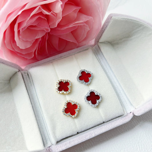 Red Carnelian Diamanté Clover Stud Earrings - Camillaboutiqueshop