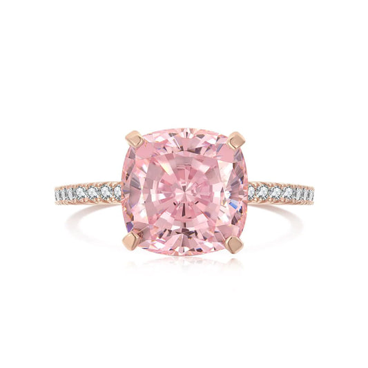 Rose Gold Peachy Pink Stone Cushion Cut Engagement Ring With Double Halo - Camillaboutiqueco camillaboutiqueshop.com
